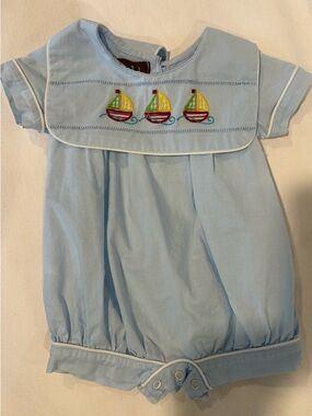 Lil Cary’s Light Blue Baby Romper with Colorful Sailboat Embroidery